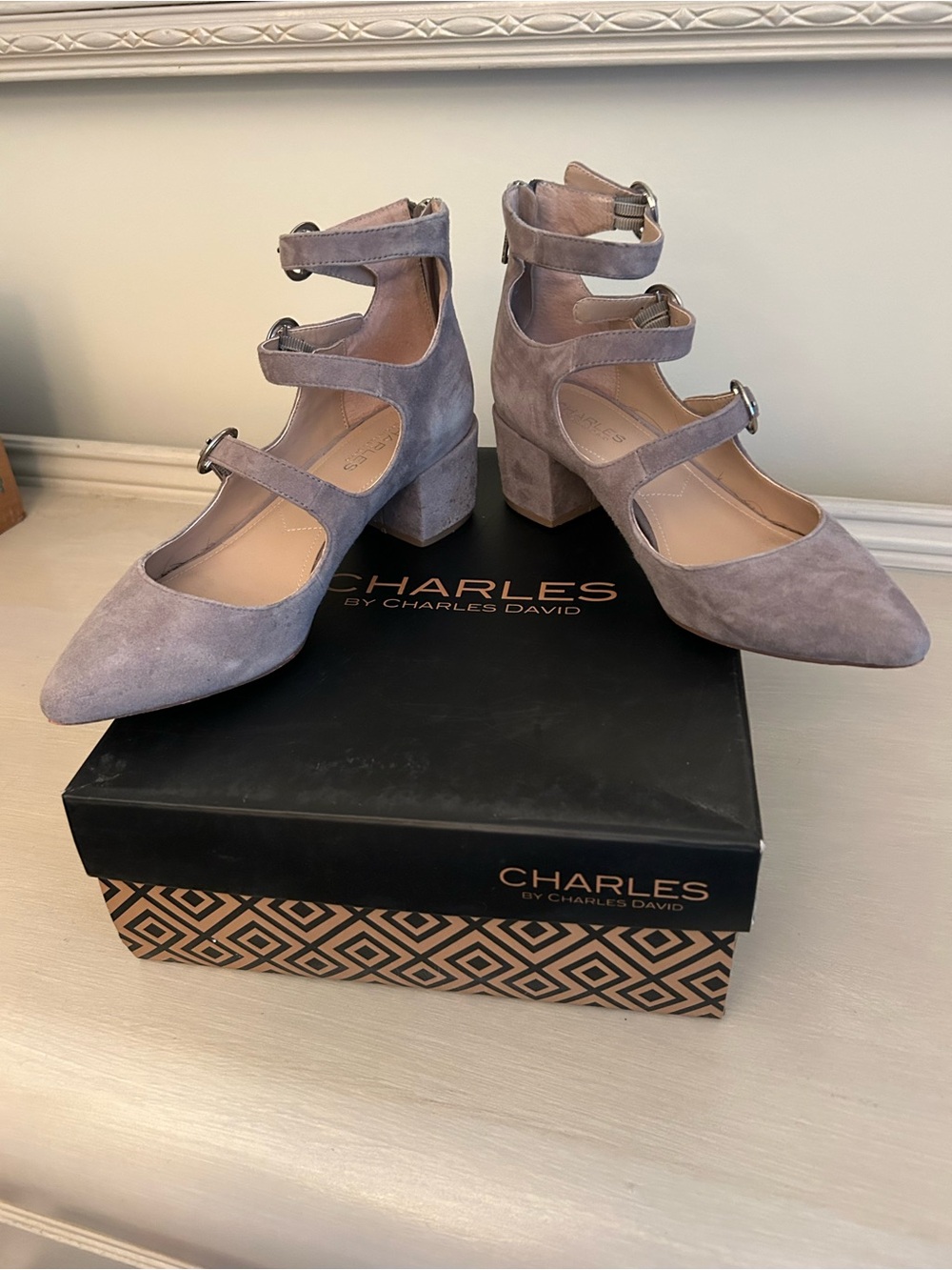 Charles by Charles David Grey Suede Strappy Block Heel Pumps